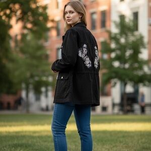 GAP Women's Midnight Black Rose Embroidered Utility Jacket